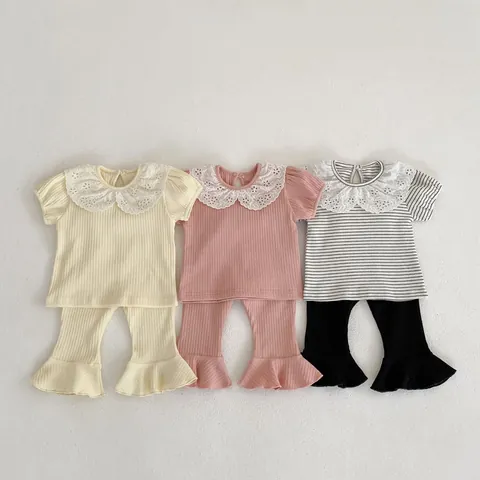 Baby Girls Summer Ribbed Cotton Clothing Set Lace Doll Collar Short Sleeve T-Shirt And Ruffle Hem Flared Pants Outfit