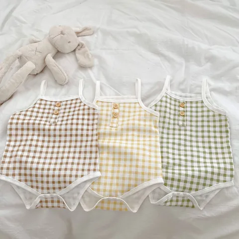 Baby Gingham Romper With Headband Cotton Sleeveless Camisole Bodysuit Plaid Summer Clothes For Newborn Infant Toddler