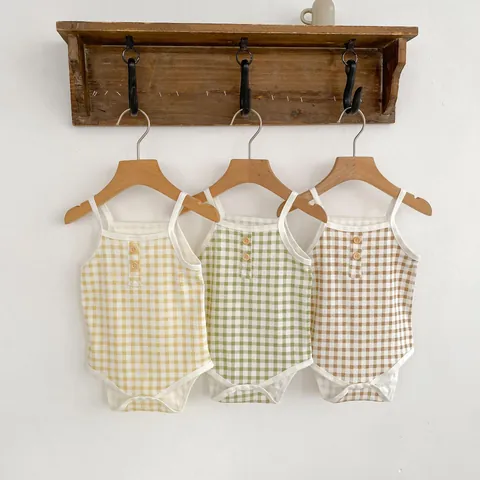 Baby Gingham Romper With Headband Cotton Sleeveless Camisole Bodysuit Plaid Summer Clothes For Newborn Infant Toddler