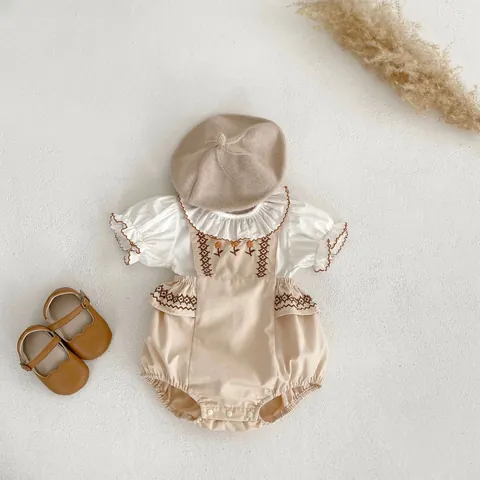 Infant Baby Girl Summer Cotton Outfit Floral Embroidery Ruffle Collar White Short Sleeve Top Vintage Romper Clothing