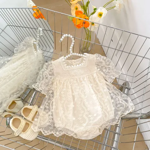 Infant Baby Girl Lace Romper Dress Floral Embroidery Square Neck Puff Sleeve Mesh Bodysuit Sweet Princess Birthday Party Outfit