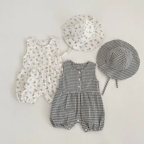 Baby Girls Summer Cotton Sleeveless Romper With Matching Sun Hat Floral Gingham Pattern Infant Jumpsuit Breathable Bodysuit
