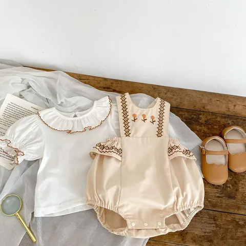 Infant Baby Girl Summer Cotton Outfit Floral Embroidery Ruffle Collar White Short Sleeve Top Vintage Romper Clothing