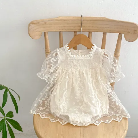 Infant Baby Girl Lace Romper Dress Floral Embroidery Square Neck Puff Sleeve Mesh Bodysuit Sweet Princess Birthday Party Outfit
