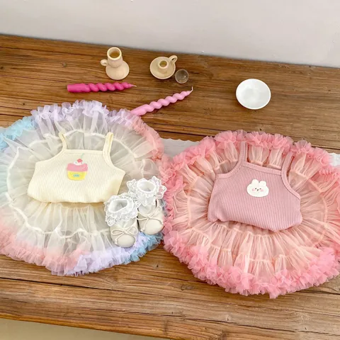 Toddler Baby Girls Summer Clothes Set Ribbed Cotton Sling Top And Layered Mesh Tutu Cake Skirt Rabbit Cupcake Embroidery Outfit