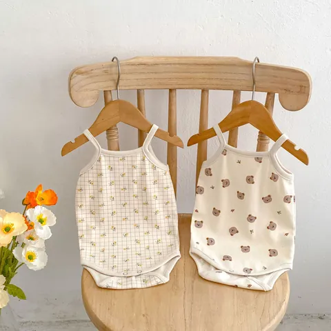 Baby Mouwloze Romper Halter Bodysuit Katoen Zuigeling Beer Bloemenprint Zomer Driehoekige Jumpsuit Met Drukknoopsluiting
