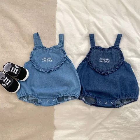 Baby Denim Romper Sleeveless Heart Ruffle Embroidery Bonjour Ciel Cotton Soft Suspender Bodysuit Jumpsuit For Infant Toddler