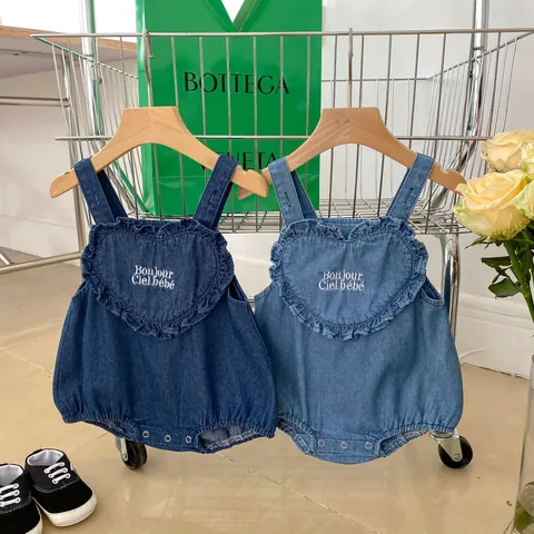 Baby Denim Romper Sleeveless Heart Ruffle Embroidery Bonjour Ciel Cotton Soft Suspender Bodysuit Jumpsuit For Infant Toddler