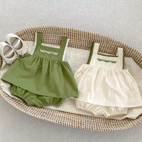 Baby Girls Summer Cotton Sleeveless Camisole And Bloomers Set Floral Embroidery Lace Trim Pullover Top And Lantern Shorts Outfit