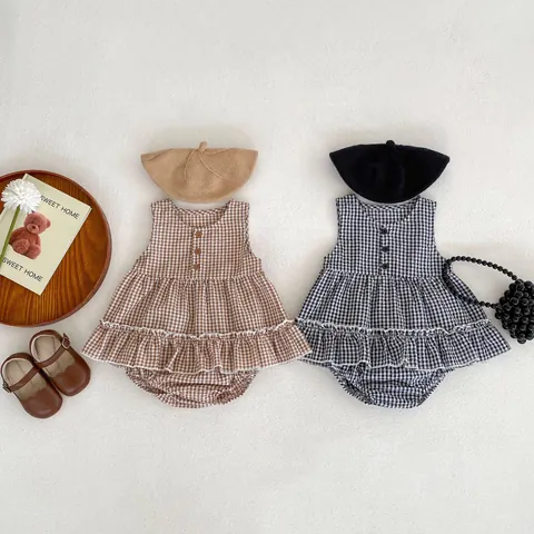 Baby Girls Gingham Plaid Sleeveless Ruffle Top And Bloomers Shorts Cotton Summer Outfits Infants Toddlers Clothing