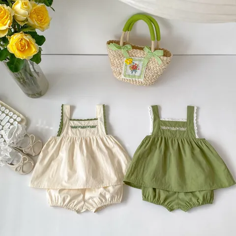 Baby Girls Summer Cotton Sleeveless Camisole And Bloomers Set Floral Embroidery Lace Trim Pullover Top And Lantern Shorts Outfit