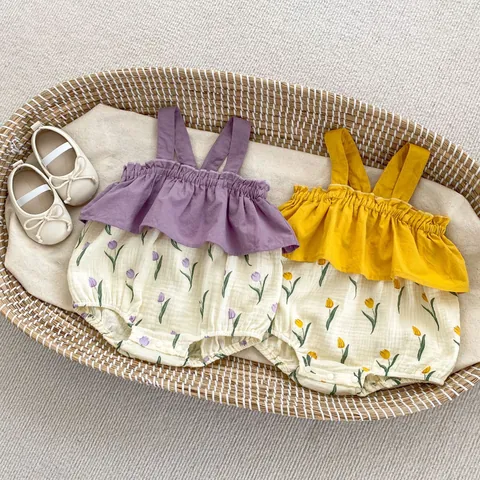 Baby Girl Summer Cotton Tulip Print Romper Sleeveless Suspender Ruffle Bodysuit Sweet Floral One Piece Jumpsuit Infant Clothing