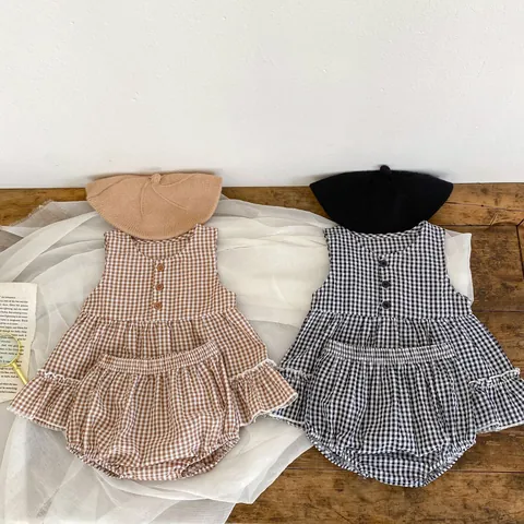 Baby Girls Gingham Plaid Sleeveless Ruffle Top And Bloomers Shorts Cotton Summer Outfits Infants Toddlers Clothing
