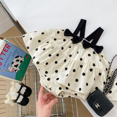 Baby Girl Polka Dot Romper Dress 100% Cotton Sleeveless Bodysuit With Bow Straps Summer Outfits For Infants