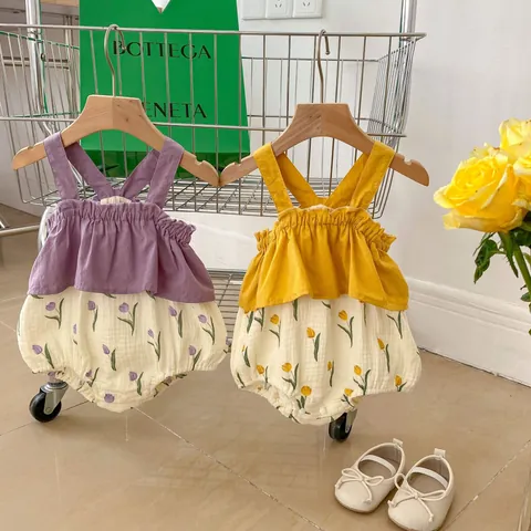 Baby Girl Summer Cotton Tulip Print Romper Sleeveless Suspender Ruffle Bodysuit Sweet Floral One Piece Jumpsuit Infant Clothing
