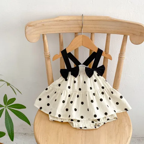 Baby Girl Polka Dot Romper Dress 100% Cotton Sleeveless Bodysuit With Bow Straps Summer Outfits For Infants