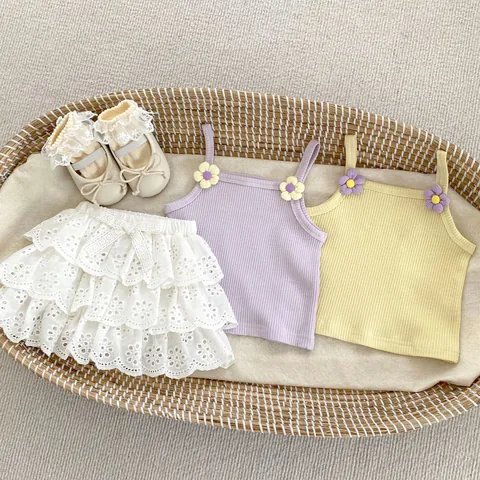 Toddler Baby Girl Summer Clothing Set Cotton Ribbed Camisole Top And Tiered Lace Cake Skirt Two Piece Princess Outfit