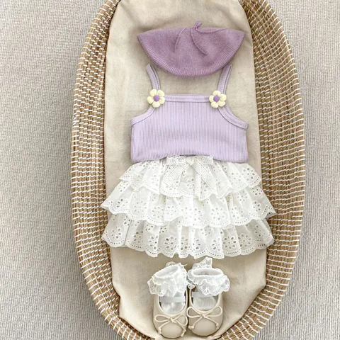 Kleinkind Baby Mädchen Sommer Bekleidungsset Baumwolle Rippen Camisole Top Und Gestufter Spitzen Kuchenrock Prinzessin Outfit