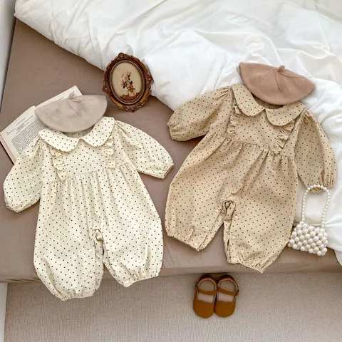 Baby Girls Polka Dot Romper Cotton Peter Pan Collar Ruffle Long Sleeve Jumpsuit For Infant Toddler Spring Autumn Clothes