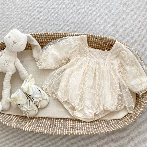 Baby Girls Long Sleeve Lace Mesh Romper Dress Floral Embroidery Princess Jumpsuit Retro Sweet Style Toddler Bodysuit