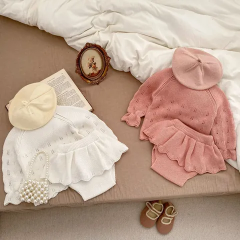 Baby Girl Knit Cotton Sweater Top And Ruffle Pants Outfit For Infants Toddlers Long Sleeve Hollow Design Vintage Casual Clothes