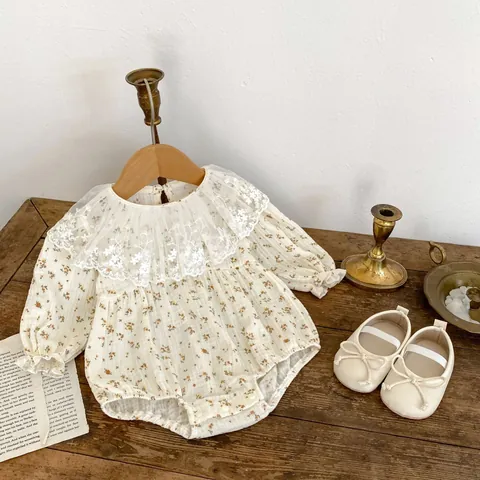 Sweet Baby Girl Floral Romper Long Sleeve Lace Collar Cotton Bodysuit Retro Floral Jumpsuit Infant Girls Clothing Outfits