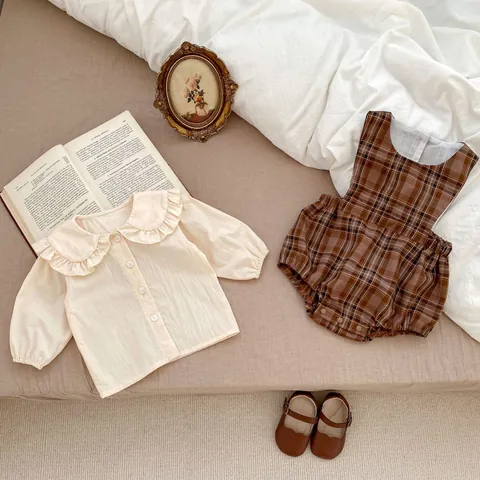 Conjunto de Otoño para Bebé Niña con Pelele Vintage de Cuadros y Camisa con Cuello de Encaje Peter Pan Top de Algodón de Manga Larga y Mono