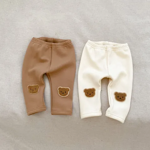 Peuter Winter Fleece Gevoerde Leggings Schattige Beer Patch Elastische Geribde Katoenen Broek Warme Babybroek Voor 1-3 Jaar