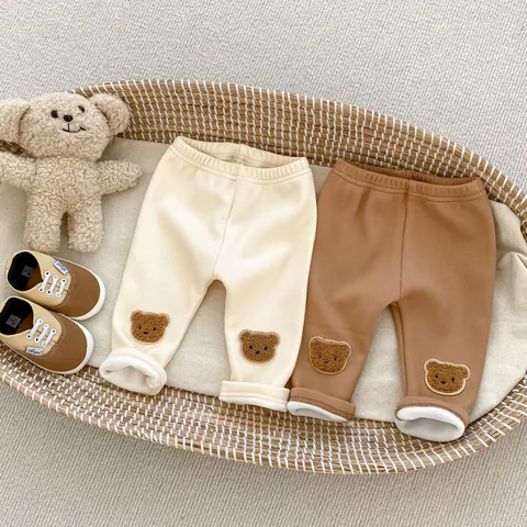 Peuter Winter Fleece Gevoerde Leggings Schattige Beer Patch Elastische Geribde Katoenen Broek Warme Babybroek Voor 1-3 Jaar