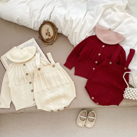 Babymeisje Gebreide Cardigan En Strampler Tweeledige Set Katoen Kabelpatroon Pompon Trui Voor Peuters Baby's