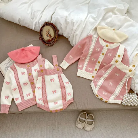 Baby Girl Knitted Set Cotton Infant Cardigan And Romper With Bow Pattern Sweet Autumn Long Sleeve Jumpsuit Outfit