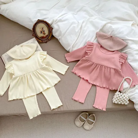 Baby Girl Ruffle Ribbed Cotton Long Sleeve Top And Pants Set French Vintage Solid Color Toddler Infant Casual Outfits