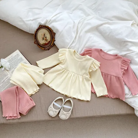 Baby Girl Ruffle Ribbed Cotton Long Sleeve Top And Pants Set French Vintage Solid Color Toddler Infant Casual Outfits