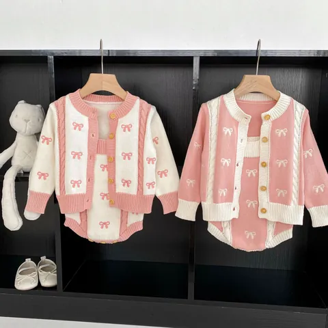 Baby Girl Knitted Set Cotton Infant Cardigan And Romper With Bow Pattern Sweet Autumn Long Sleeve Jumpsuit Outfit