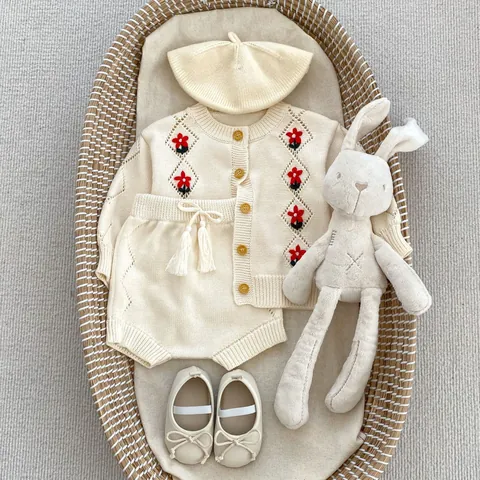 Cotton Knit Baby Clothing Set Hand Embroidered Flower Cardigan And Bow Shorts For Infant Girls Pastoral Vintage Style Outfit