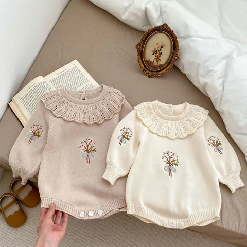 Baby Girl Knitted Floral Embroidery Romper Long Sleeve Ruffle Collar Cotton Jumpsuit Spring Autumn Infant Toddler Bodysuit
