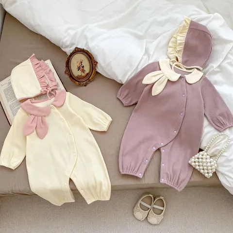 Baby Girl Ribbed Knit Jumpsuit Peter Pan Collar Rabbit Ears Romper And Hat Toddler Sweet Bow Decor Photography Clothes