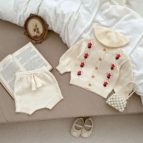 Cotton Knit Baby Clothing Set Hand Embroidered Flower Cardigan And Bow Shorts For Infant Girls Pastoral Vintage Style Outfit