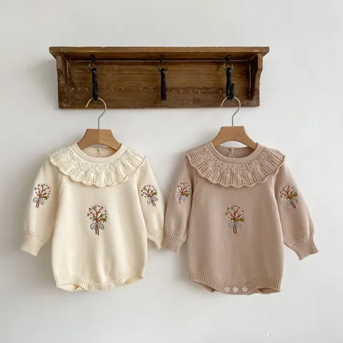 Baby Girl Knitted Floral Embroidery Romper Long Sleeve Ruffle Collar Cotton Jumpsuit Spring Autumn Infant Toddler Bodysuit