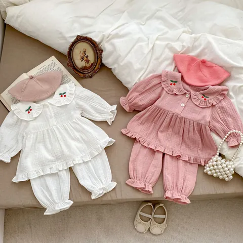 Baby Toddler Girls Cotton Home Wear Set Long Sleeve Cherry Embroidery Ruffle Collar Top And Pants Two Piece Casual Outfit