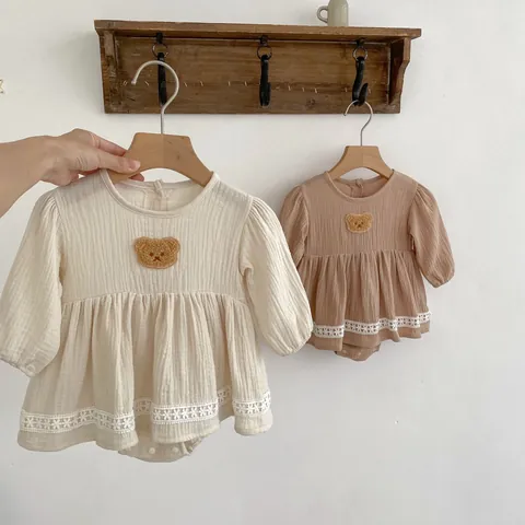 Pagliaccetto a Manica Lunga per Neonato in Cotone Doppia Garza Autunno Body Ricamo Orso Pizzo Vestito Principessa Jumpsuit Cachi Albicocca Abbigliamento Infanzia