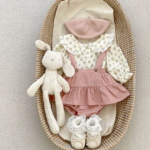 Baby Girl Sweet Floral Long Sleeve Shirt And Pink Suspender Romper Outfit With Lace Collar Cotton Infant Toddler Clothes