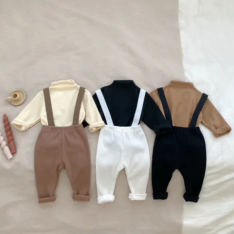 Baby Toddler Ribbed Suspender Pants Set Long Sleeve Mock Neck Top Outfit Set Solid Color Casual Cotton Clothing