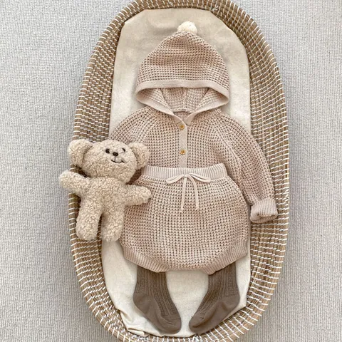 Conjunto de Algodón 100% de Punto de Gofre para Bebé Niña Cárdigan con Capucha Botones de Madera y Pantalones con Cordón