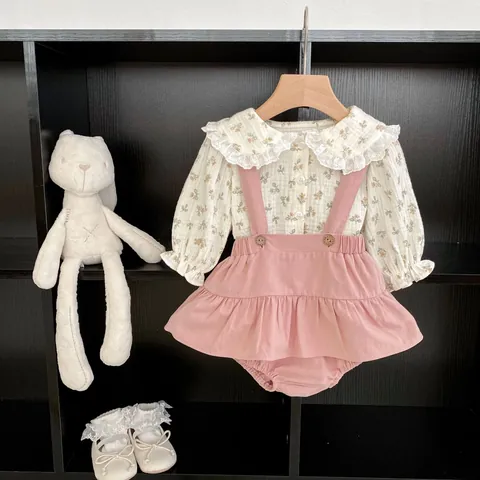 Baby Girl Sweet Floral Long Sleeve Shirt And Pink Suspender Romper Outfit With Lace Collar Cotton Infant Toddler Clothes
