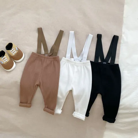 Baby Toddler Ribbed Suspender Pants Set Long Sleeve Mock Neck Top Outfit Set Solid Color Casual Cotton Clothing