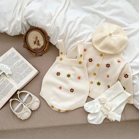 Tenue en Maille pour Bébé Fille Broderie Florale Coton Cardigan ou Barboteuse Respirant Doux Vêtements Automne Printemps
