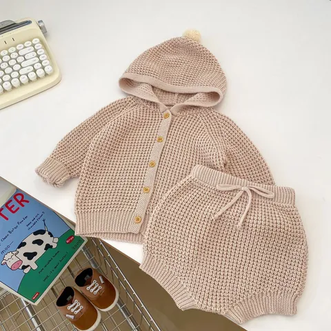 Conjunto de Algodón 100% de Punto de Gofre para Bebé Niña Cárdigan con Capucha Botones de Madera y Pantalones con Cordón