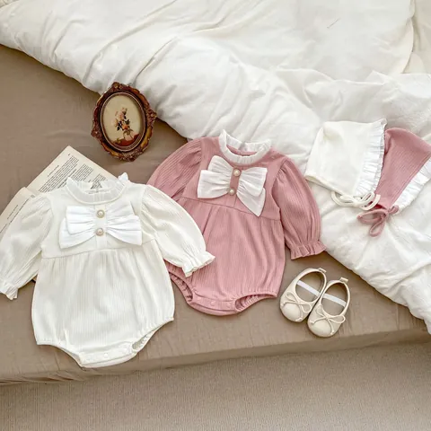 Baby Girl Sweet Ribbed Cotton Romper With Big Bow Artificial Pearl Button Ruffle Stand Collar Long Sleeve Bodysuit Hat And Socks