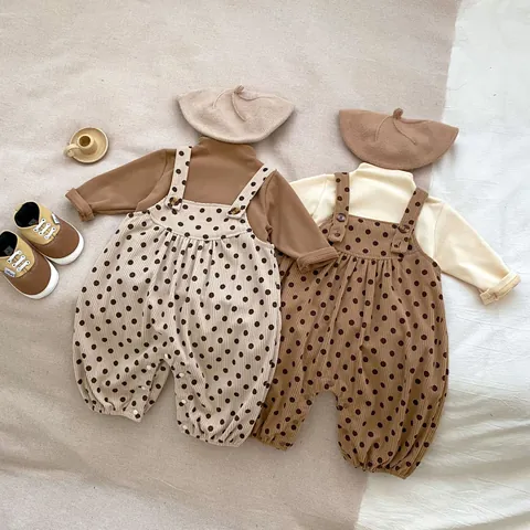 Baby Boys Girls Polka Dot Corduroy Romper Jumpsuit With Solid Long Sleeve Turtleneck Base Shirt Spring Autumn Outfits Set
